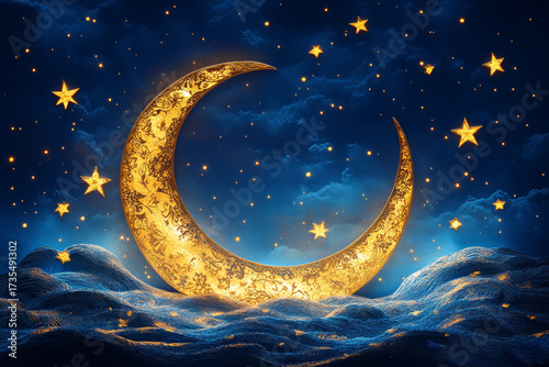 Golden Crescent Moon With Stars