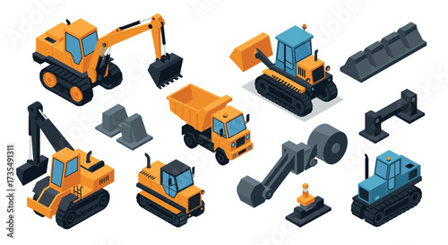 Isometric construction vehicles and equipment set with excavators and bulldozers