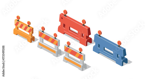 Colorful isometric construction barriers set with traffic warning signs