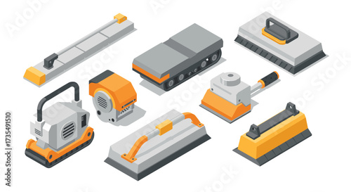 Isometric construction tools set featuring paving machinery and equipment