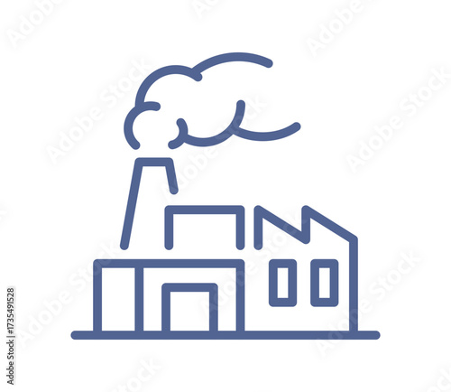Factory icon, industrial building, production plant, manufacturing facility, smoke chimney, energy industry isolated on white background linear vector illustration.