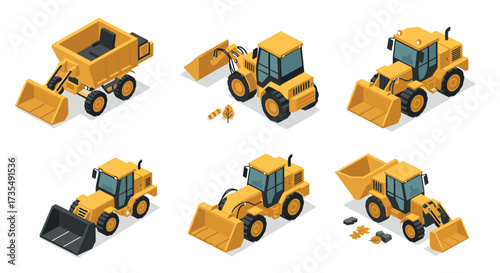 Isometric construction vehicles set with bulldozers and excavators