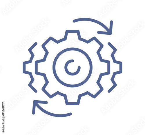 Rotating gear icon, automation process, workflow cycle, system operation, continuous improvement, technology development linear outline vector illustration.