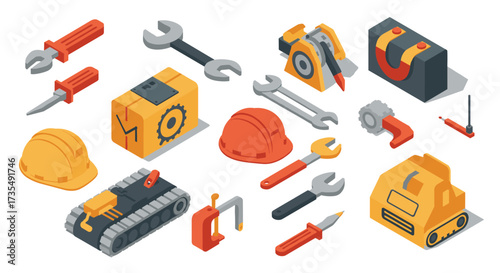 Isometric industrial tools and equipment set in modern style