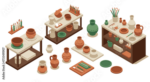 Isometric ceramic workshop with pottery tools and various clay vessels