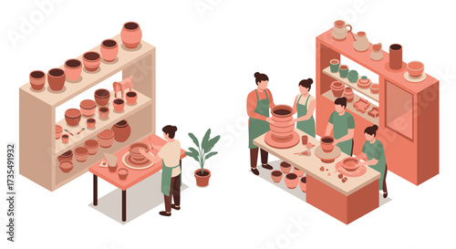 Isometric pottery workshop with people crafting clay pots and ceramic display