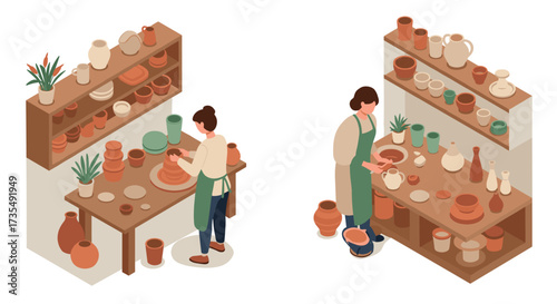 Isometric pottery studio with artisans crafting ceramic pots and vases