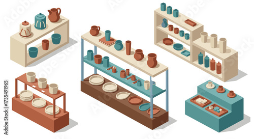 Isometric pottery displays with ceramic vessels and shelves in a modern flat design
