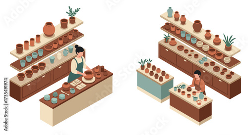 Isometric pottery studio with shelves of ceramic vases and plants