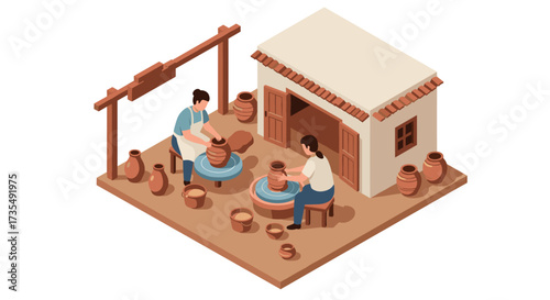 Isometric pottery workshop with artisans crafting clay pottery in rustic studio