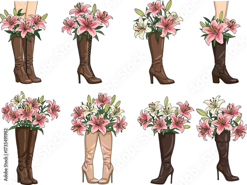 High heel boots with pink lilies floral bouquet, fashion flower shoe illustration, botanical chic vector art, stylish feminine decor design