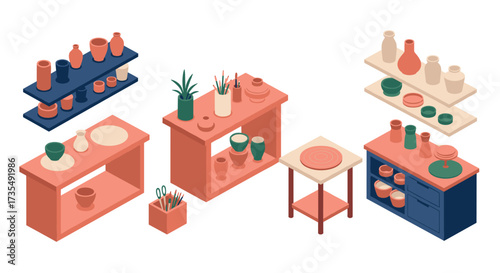 Isometric ceramic workshop with pottery tools and shelves in soft pastel colors