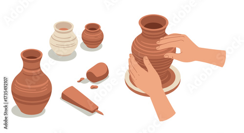 Pottery crafting process with hands shaping clay on wheel and finished vases