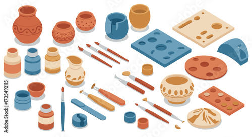 Isometric pottery tools and ceramics set for creative craft projects