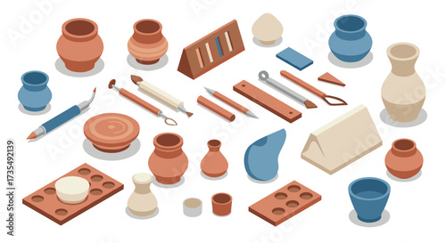 Isometric pottery and craft tools on white background for creative arts