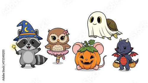 Whimsical Halloween Characters: A charming collection of cartoon animals dressed up for Halloween, showcasing a fun, colorful, and lighthearted scene perfect for children.