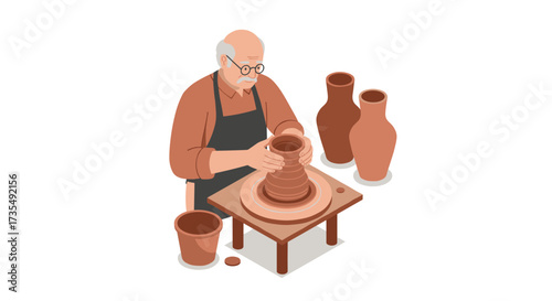Senior artisan crafting pottery on a wheel in isometric style