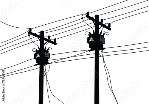 Vector silhouette illustration of electric power poles with transformers and high voltage wires, energy distribution system, electricity grid infrastructure design element