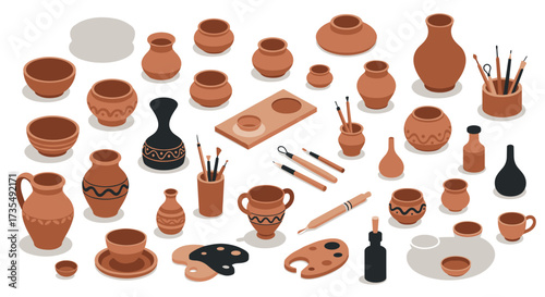 Diverse collection of pottery and art tools in isometric style for creative craft enthusiasts
