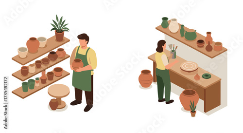 Isometric scene of pottery workshop with artisan crafting ceramics and displayed pottery