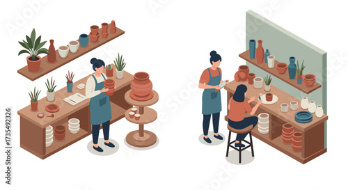 Artisans crafting pottery in a creative workshop with shelves of handcrafted ceramics