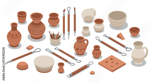 Isometric pottery tools and ceramic vases in soft tones