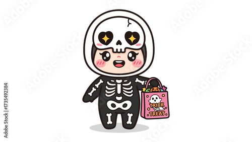 Little Skeleton: Cute character, dressed in a whimsical skeleton costume, celebrates Halloween, complete with a candy-filled bag!