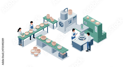 Isometric ceramic workshop with people crafting pottery and operating machinery