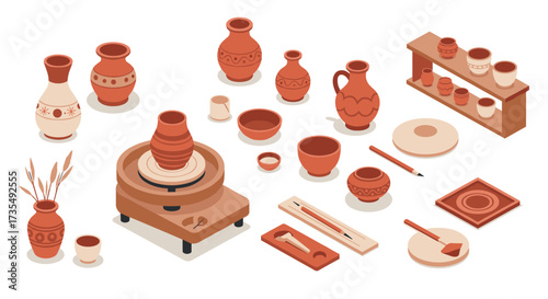 Ceramic pottery crafting in isometric style with clay tools and vases