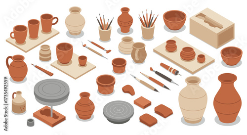 Pottery and ceramic crafting tools in isometric view with earthy tones