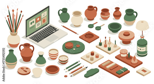 Isometric desk with pottery and art supplies creativity and crafting essentials