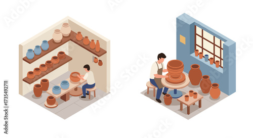 Isometric pottery workshop crafting clay in a cozy studio setting