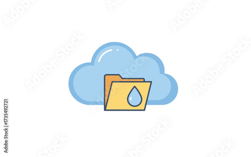 A flat design icon representing cloud storage, featuring a blue cloud, a yellow folder, and a water droplet symbol.