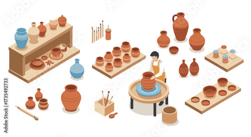 Isometric ceramic workshop scene with potter and various clay vessels on display