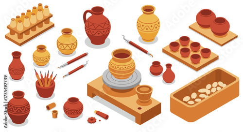 Isometric ceramic workshop pottery tools and clay vases in warm tones