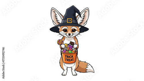 Festive Fennec: A charming fennec fox, costumed in a witch's hat, joyfully clutches a Trick or Treat bucket overflowing with colorful candies.