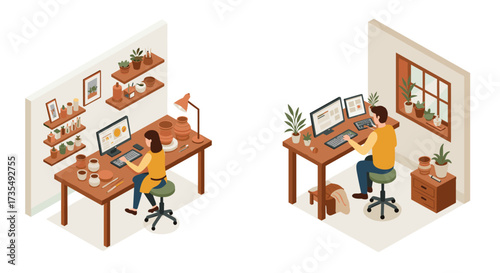 Cozy dual workspace isometric scene with pottery and computer setup