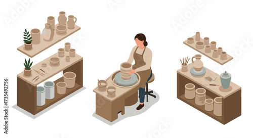 Pottery crafting in workshop with shelves of ceramic creations and tools