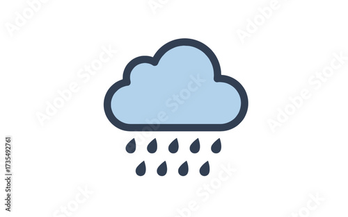 A simple, stylized illustration of a light blue cloud with dark blue outlines, from which several dark blue raindrops are falling.
