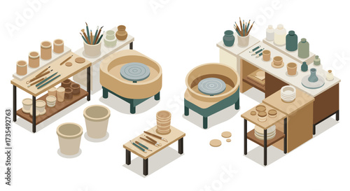 Isometric pottery workshop with tools and equipment in earth tones
