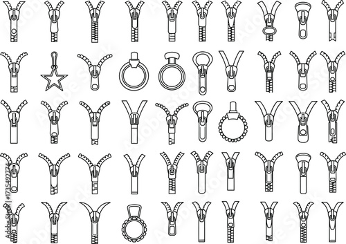 Zipper icons set, sewing and tailoring elements, clothing fastener collection, garment accessory vector, fashion design details, textile zipper illustrations