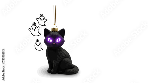 Mystic Cat Ornament: A captivating close-up captures a bewitching black cat ornament, complete with glowing purple eyes, accompanied by charming ghost illustrations. The cat symbolizes Halloween.