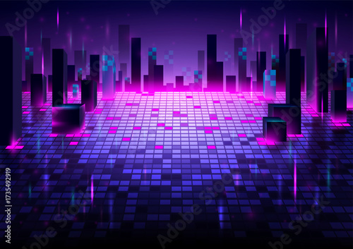 Futuristic cyberpunk cityscape with glowing neon lights, digital grid floor and abstract skyscrapers in retro wave style, perfect for technology, gaming and sci-fi backgrounds.