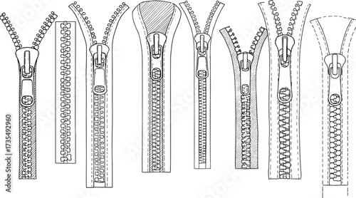Zipper vector collection with open and closed styles, sewing fasteners, sliders, and teeth, black and white illustration for tailoring, fashion, garment design