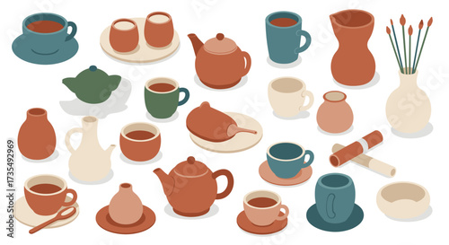 Cozy coffee and tea set in isometric style with earthy tones