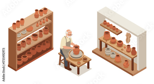 Isometric pottery workshop with shelves and potter at wheel