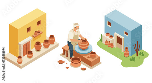 Isometric pottery crafting elderly artisan creating clay pots in a colorful workshop