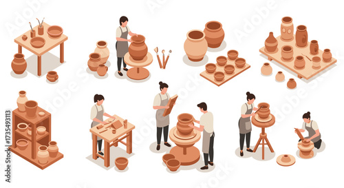 Isometric pottery workshop artisans crafting ceramics with precision and skill