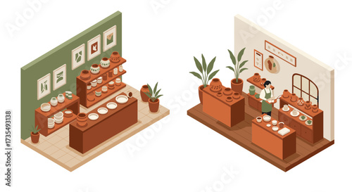 Isometric pottery workshop with artisan and ceramics in a minimalist setting