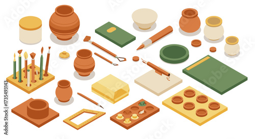 Isometric pottery and art supplies composition with clay vases, paint brushes, and tools